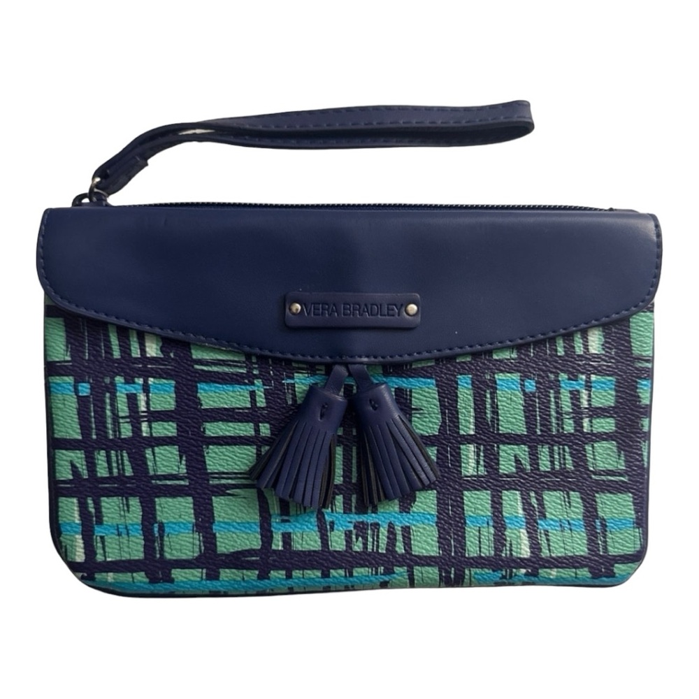 Vera Bradley‎ Wristlet Clutch Bag Flap Tassels Green Blue Plaid